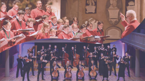 Top: Bristol Cathedral choir performing during a concert. Bottom: Bristol Ensemble members posed with their instruments